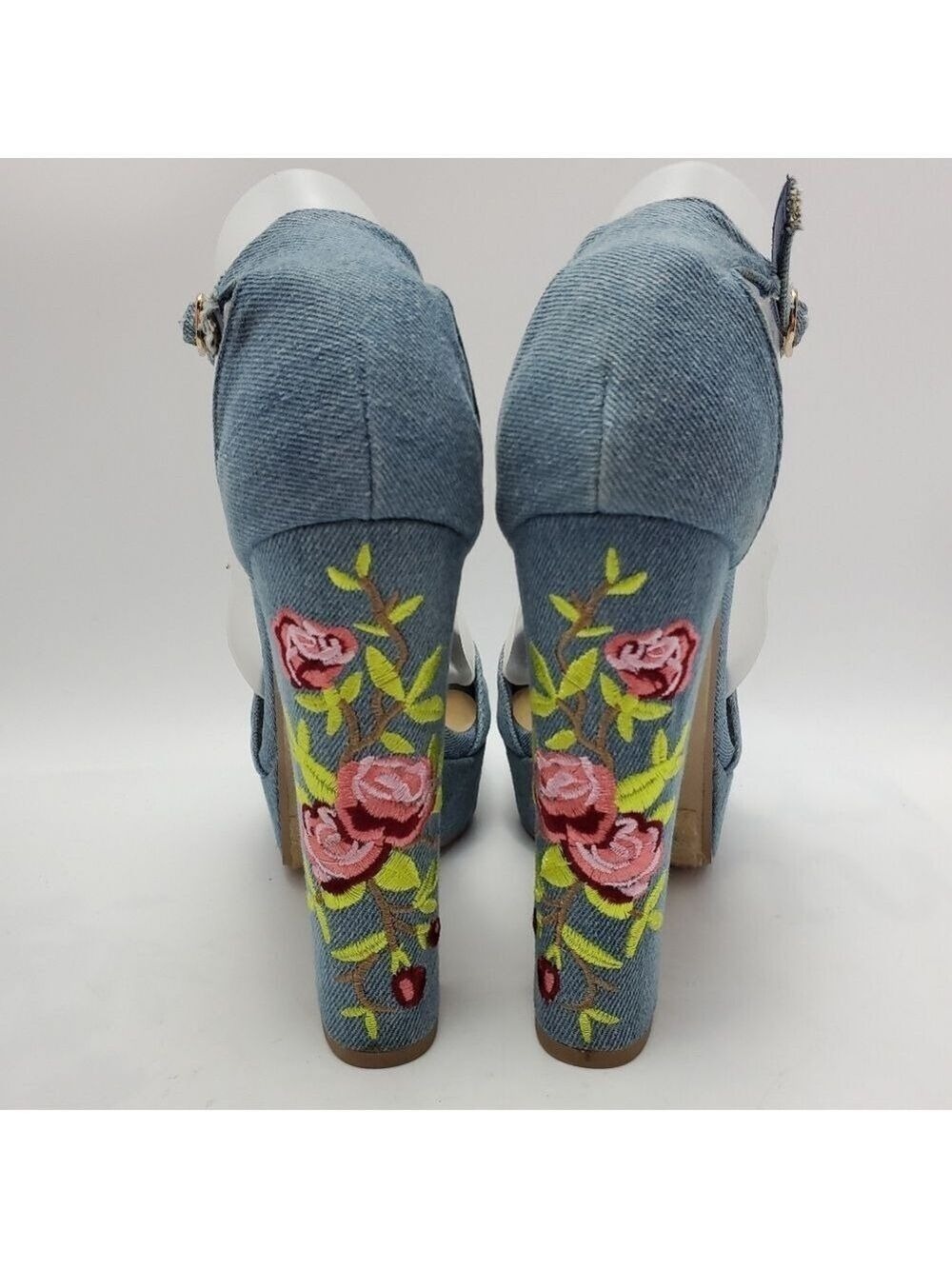 Heart in D Blue Denim Floral Embroidered Platform Heels Sandals Size 8 - Picture 6 of 12